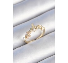 Pirinç Gold Renk Zirkon Taşlı Kelebek Çiçek Model İnci Detay Kadın Yüzük - TJ-BYK3456