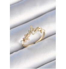 Pirinç Gold Renk Zirkon Taşlı Kelebek Çiçek Model İnci Detay Kadın Yüzük - TJ-BYK3456