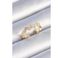 Pirinç Gold Renk Zikzak Zirkon Taşlı İnci Detay Kadın Yüzük - TJ-BYK3460