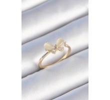 Pirinç Gold Renk Beyaz Mineli Zirkon Taşlı Kelebek Model Kadın Yüzük - TJ-BYK3464
