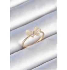 Pirinç Gold Renk Beyaz Mineli Zirkon Taşlı Kelebek Model Kadın Yüzük - TJ-BYK3464
