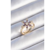 Pirinç Gold Renk Mor Renk Zirkon Taşlı Çiçek Model Kadın Yüzük - TJ-BYK3480