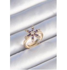 Pirinç Gold Renk Mor Renk Zirkon Taşlı Çiçek Model Kadın Yüzük - TJ-BYK3480