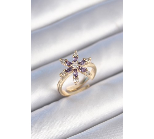 Pirinç Gold Renk Mor Renk Zirkon Taşlı Çiçek Model Kadın Yüzük - TJ-BYK3480 Pirinç Gold Renk Mor Renk Zirkon Taşlı Çiçek Model Kadın Yüzük - TJ-BYK3480