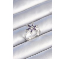 Pirinç Gümüş Renk Mor Zirkon Taşlı Çiçek Model Kadın Yüzük - TJ-BYK3481