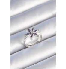 Pirinç Gümüş Renk Mor Zirkon Taşlı Çiçek Model Kadın Yüzük - TJ-BYK3481