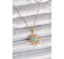 316L Çelik Gold Renk Zincir Zirkon Taşlı Güneş Model Mavi Ay İşleme Kadın Kolye - TJ-BKO9569