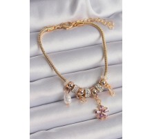 316L Çelik Gold Renk Zincir Sallantı Zirkon Taşlı Çiçek Model Charm Bileklik - TJ-BB6515
