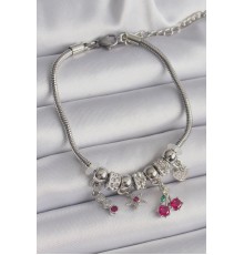 316L Çelik Gümüş Renk Zincir Sallantı Zirkon Taşlı Kiraz Model Charm Bileklik - TJ-BB6521