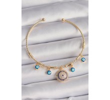 Pirinç Gold Renk Sallantı Zirkon Taşlı Nazar Boncuk Model Charm Bileklik - TJ-BB6549