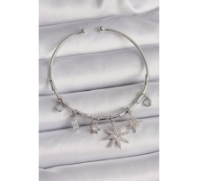 Pirinç Gümüş Renk Sallantı Zirkon Taşlı Kutup Yıldız Figür Charm Bileklik - TJ-BB6555