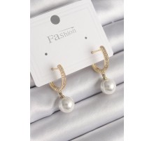 Pirinç Gold Renk Zirkon Taşlı Sallantı İnci Model Kadın Küpe - TJ-BKP9752
