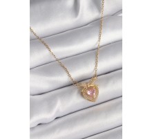 316L Çelik Gold Renk Zincir Pembe Zirkon Taşlı Kalp Figür Kadın Kolye - TJ-BKO9575