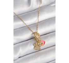 316L Çelik Gold Renk Zincir Zirkon Taşlı Pati Figür Kalp Detay Kadın Kolye - TJ-BKO9577