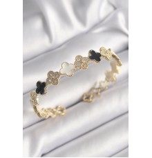 Pirinç Gold Renk Siyah Beyaz Yonca Model Zirkon Taş Detaylı Kadın Bileklik - TJ-BB6575
