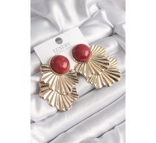 Pirinç Gold Renk Kırmızı Boncuklu Yaprak Model Vintage Kadın Küpe - TJ-BKP9812