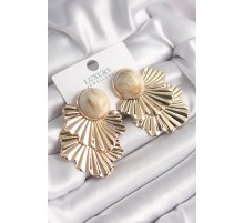 Pirinç Gold Renk Beyaz Mermer Desenli Boncuk Yaprak Model Vintage Kadın Küpe - TJ-BKP9813