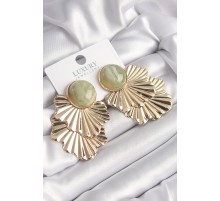 Pirinç Gold Renk Su Yeşili Mermer Desenli Boncuk Yaprak Model Vintage Kadın Küpe - TJ-BKP9814