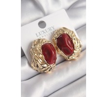 Pirinç Gold Renk Kırmızı Oval İşleme Detay Vintage Kadın Küpe - TJ-BKP9816