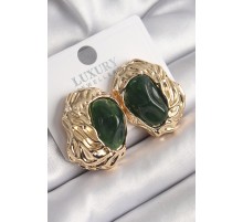 Pirinç Gold Renk Yeşil Oval İşleme Detay Vintage Kadın Küpe - TJ-BKP9817