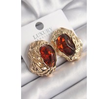 Pirinç Gold Renk Volkanik Oval İşleme Detay Vintage Kadın Küpe - TJ-BKP9818