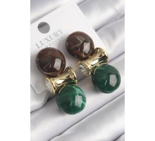 Pirinç Gold Renk Zirkon Taşlı Kahverengi Yeşil Doğal Taşlı Vintage Kadın Küpe - TJ-BKP9823
