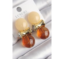 Pirinç Gold Renk Zirkon Taşlı Krem Turuncu Renk Doğal Taşlı Vintage Kadın Küpe - TJ-BKP9824