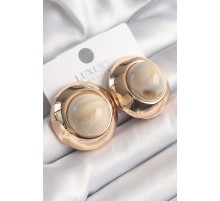 Pirinç Gold Renk Beyaz Doğal Taşlı Daire Model Vintage Kadın Küpe - TJ-BKP9826