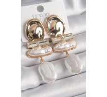 Pirinç Gold Renk Zirkon Taşlı Beyaz İnci Ezme Model Vintage Kadın Küpe - TJ-BKP9835