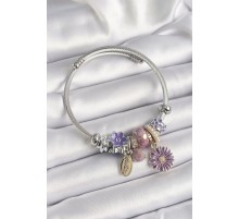 Gümüş Renk Mor Renkli Çiçek Model Charm Bileklik - TJ-BB6584