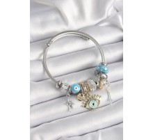 Gümüş Renk Mavi Zirkon Taş Nazar Detaylı Göz Figür Charm Bileklik - TJ-BB6586