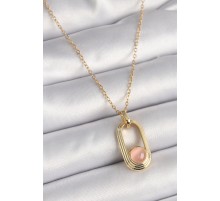 316L Çelik Gold Renk Pembe Kedi Göz Model Kadın Kolye - TJ-BKO9611