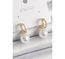 Pirinç Gold Renk Zirkon Taşlı Halka İncili Kadın Küpe - TJ-BKP9854