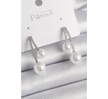 Pirinç Gümüş Renk Zirkon Taşlı Dal Model İncili Kadın Küpe - TJ-BKP9855