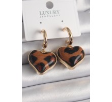 Pirinç Gold Renk 3D Kalp Leopar Desen Model Kadın Küpe - TJ-BKP9875