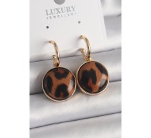 Pirinç Gold Renk Leopar Desenli Daire Model Kadın Küpe - TJ-BKP9877