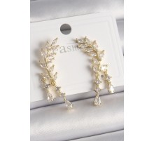 Pirinç Gold Renk Zirkon Taşlı Başak Model Kadın Küpe - TJ-BKP9905