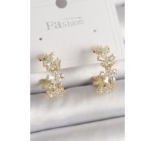 Pirinç Gold Renk Zirkon Taşlı Çiçek İşlemeli Halka Model Kadın Küpe - TJ-BKP9927