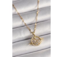 316L Çelik Gold Renk Zincir Zirkon Taşlı Yıldız Detay Satürn Gezegen Model Kadın Kolye - TJ-BKO9642