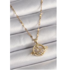 316L Çelik Gold Renk Zincir Zirkon Taşlı Yıldız Detay Satürn Gezegen Model Kadın Kolye - TJ-BKO9642