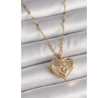 316L Çelik Gold Renk Zincir Zirkon Taşlı Kalp Anne Çocuk Figür Kadın Kolye - TJ-BKO9648