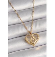 316L Çelik Gold Renk Zincir Zirkon Taşlı Kalp Anne Çocuk Figür Kadın Kolye - TJ-BKO9648