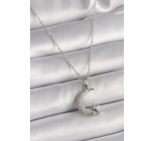 316L Çelik Gümüş Renk Zincir Zirkon Taşlı Hilal Model Yıldız Detay Kadın Kolye - TJ-BKO9655