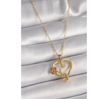 316L Çelik Gold Renk Zincir Zirkon Taş Detaylı Kalp Figür Gül Detay Kadın Kolye - TJ-BKO9656
