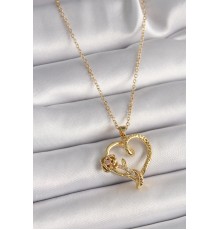 316L Çelik Gold Renk Zincir Zirkon Taş Detaylı Kalp Figür Gül Detay Kadın Kolye - TJ-BKO9656