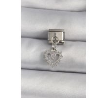 316L Çelik Gümüş Renk Sallantı Zirkon Taşlı Kalp Model Nomination Charm - TJ-BC1116