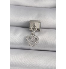 316L Çelik Gümüş Renk Sallantı Zirkon Taşlı Kalp Model Nomination Charm - TJ-BC1116