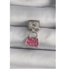 316L Çelik Gümüş Renk Sallantı Pembe Çanta Model Nomination Charm - TJ-BC1119