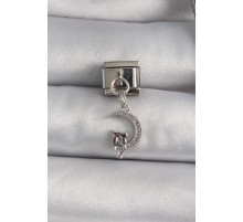 316L Çelik Gümüş Renk Sallantı Zirkon Taşlı Hilal Model Kedi Detay Nomination Charm - TJ-BC1130