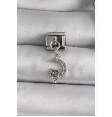 316L Çelik Gümüş Renk Sallantı Zirkon Taşlı Hilal Model Kedi Detay Nomination Charm - TJ-BC1130